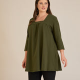 Памучна туника с набор и квадратно деколте - каки