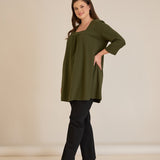 Памучна туника с набор и квадратно деколте - каки