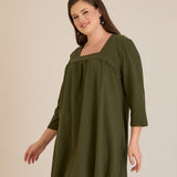 Памучна туника с набор и квадратно деколте - каки