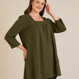 Памучна туника с набор и квадратно деколте - каки