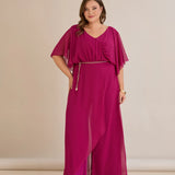 Елегантен гащеризон от шифон със синджир - фуксия