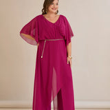 Елегантен гащеризон от шифон със синджир - фуксия