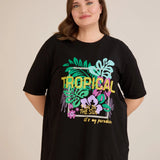 Памучна тениска с щампа и шити пайети Tropical
