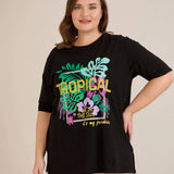 Памучна тениска с щампа и шити пайети Tropical