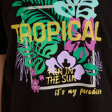 Памучна тениска с щампа и шити пайети Tropical