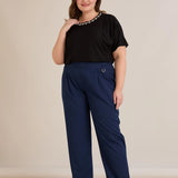 Широк летен еластичен панталон с памук - син