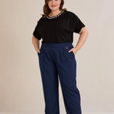 Широк летен еластичен панталон с памук - син