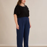 Широк летен еластичен панталон с памук - син