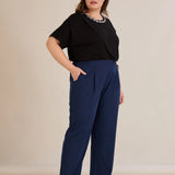 Широк летен еластичен панталон с памук - син