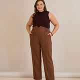 Елегантен панталон с ръб и висока талия - кафе