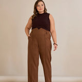 Елегантен панталон с ръб и висока талия - кафе