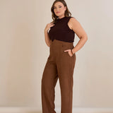 Елегантен панталон с ръб и висока талия - кафе