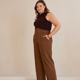 Елегантен панталон с ръб и висока талия - кафе