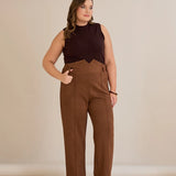 Елегантен панталон с ръб и висока талия - кафе