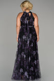 Дълга официална рокля от шифон принт - тъмнолилави цветя N1147