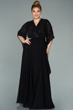 Дълга официална рокля от шифон с камъни - черен в големи размери