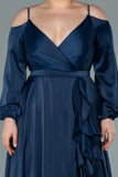 Дълга официална рокля от сатен с цепка и волани - тъмносин N2358