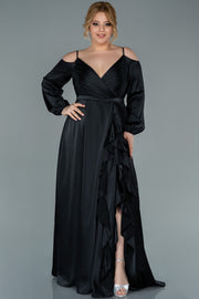 Дълга официална рокля от сатен с цепка и волани - черен N2358