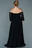 Дълга официална рокля от шифон с лодка деколте - черен N2597