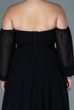 Дълга официална рокля от шифон с лодка деколте - черен N2597