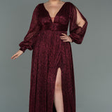 Дълга официална и еластична рокля с блясък - бордо