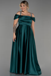 Дълга официална рокля от сатен с презрамки от камъчета - зелен емералд N3277