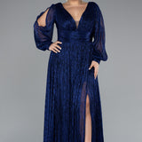 Дълга официална и еластична рокля с блясък - син