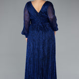 Дълга официална и еластична рокля с блясък - син