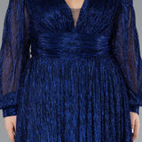 Дълга официална и еластична рокля с блясък - син