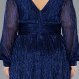 Дълга официална и еластична рокля с блясък - син