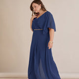 Елегантен гащеризон от шифон със синджир - тъмносин