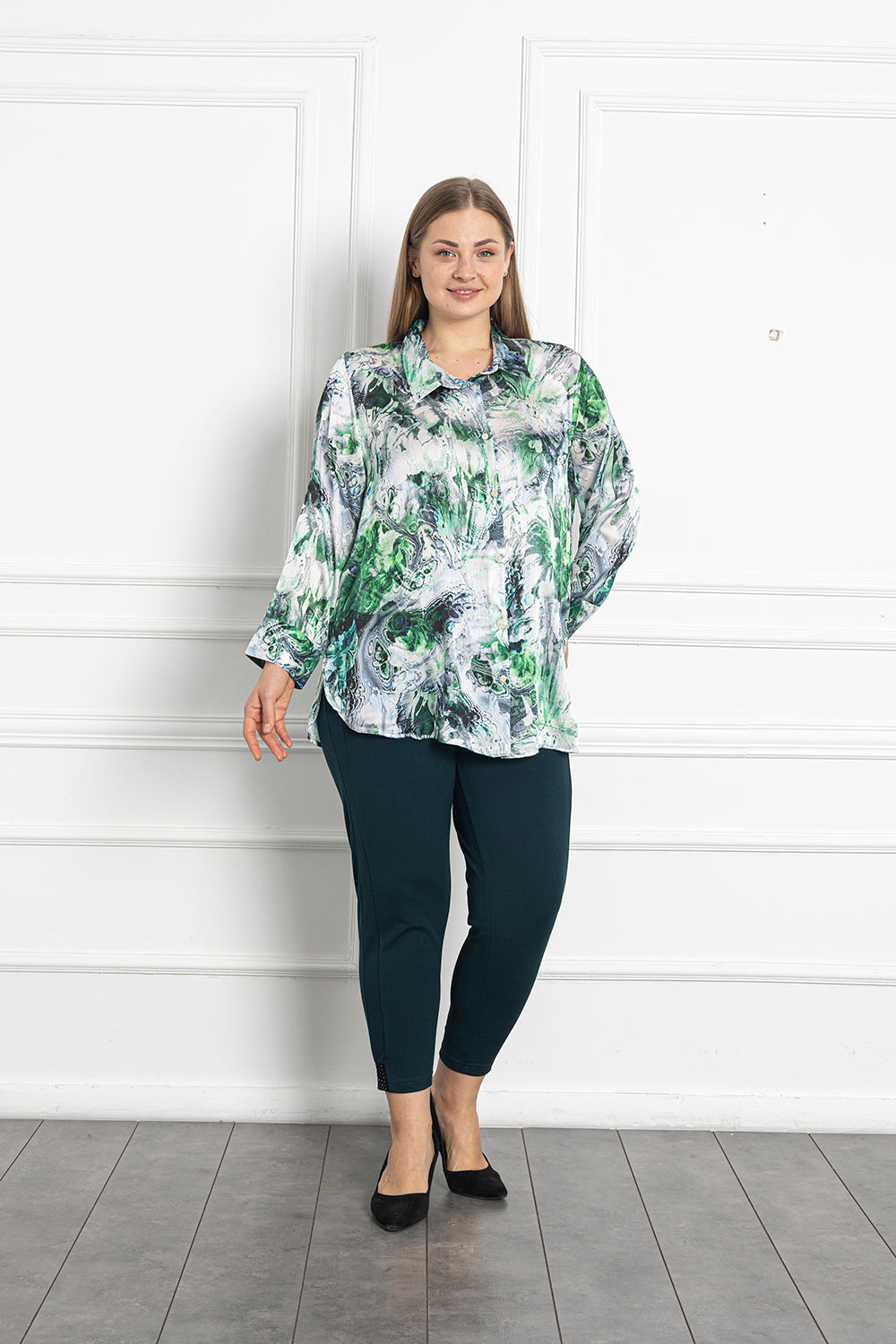 Макси сатенена риза лукс - абстракт зелен