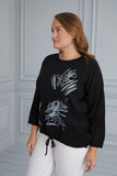 Макси блуза плетиво с надпис и връзки - черен