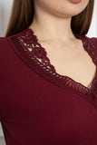 Памучна блуза с дантела - бордо