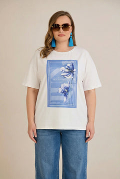 Памучна тениска с модерна щампа в синьо