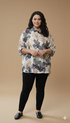 Елегантна риза с флорален принт - черен